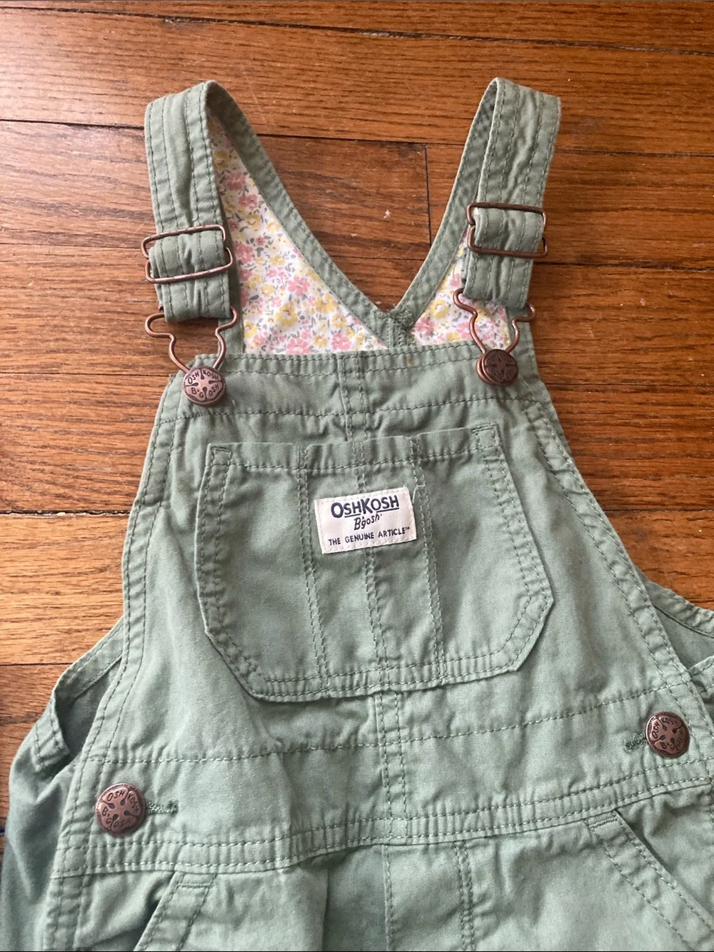 OshKosh B'gosh Set of 2 Overalls Blue Floral Denim and Olive Green 3T Bundle